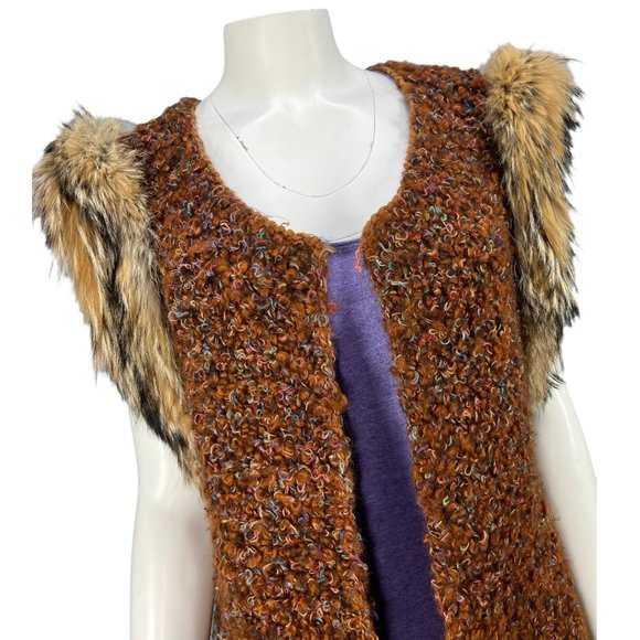 VTG Late 80's ANN WI Brown & Multi Color Hand Knit Vest with Faux Fur Sleeves M - Picture 2 of 10